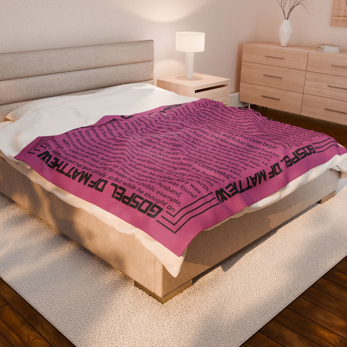 Gospel of Matthew Sky Magenta Velveteen Plush Blanket with Scriptures Print