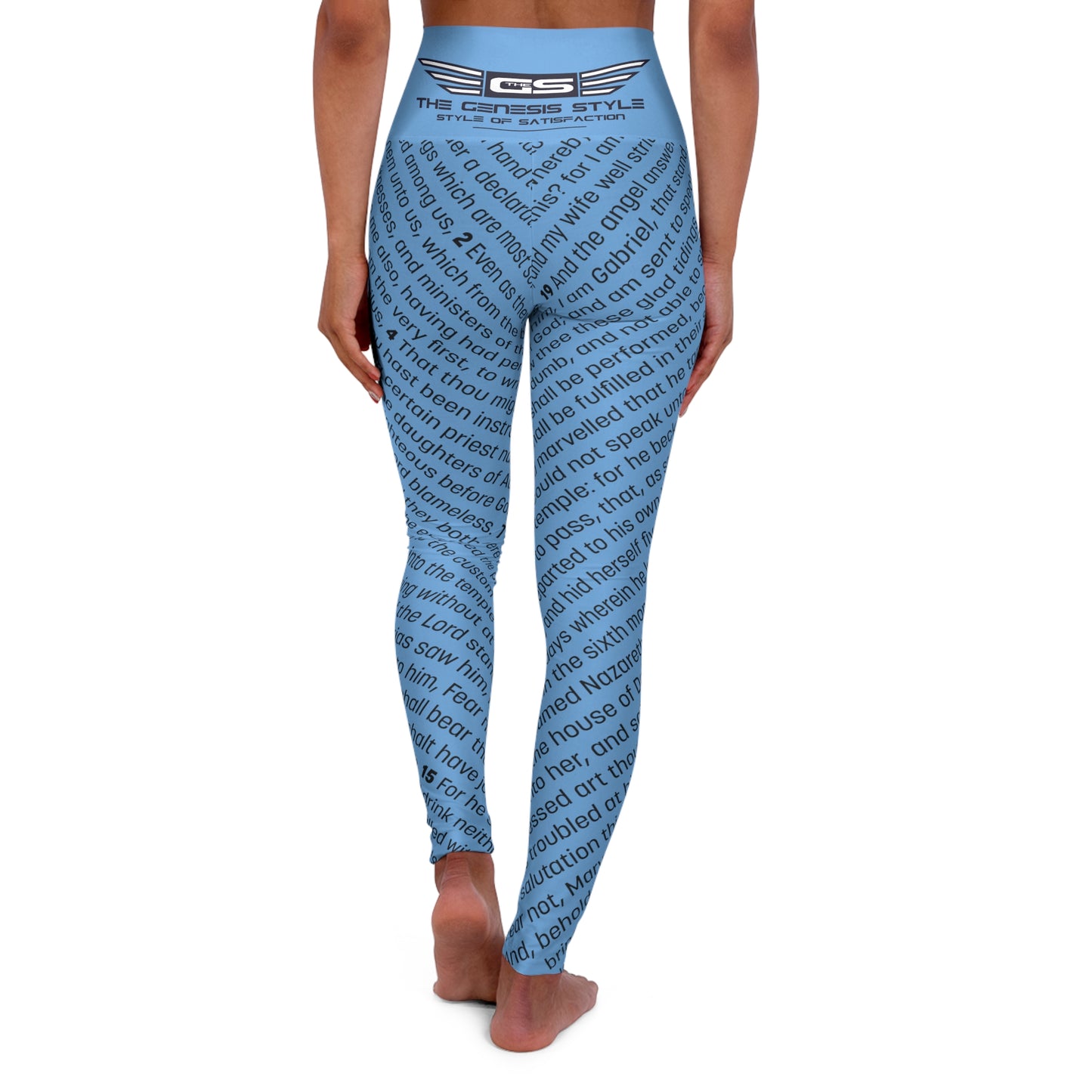 Luxury High Waisted Leggings for Prayer and Meditation, Running, or Exercise, in Sky Blue Color, with Gospel of Luke Print, from "Four Gospels" Collection.