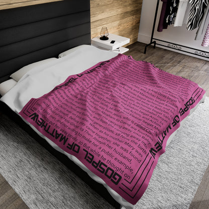 Gospel Plush Blanket, in Pink Color, with Gospel of Matthew Print, from "Four Gospel" Collection.