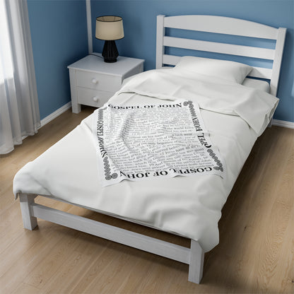 Gospel Plush Blanket, in White Color, with Gospel of John Print, from "Four Gospels" Collection.
