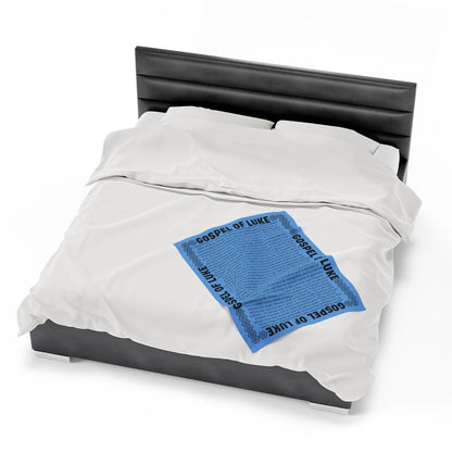 Gospel Plush Blanket, in Sky Blue Color, with Gospel of Luke Print, from "Four Gospels" Collection.