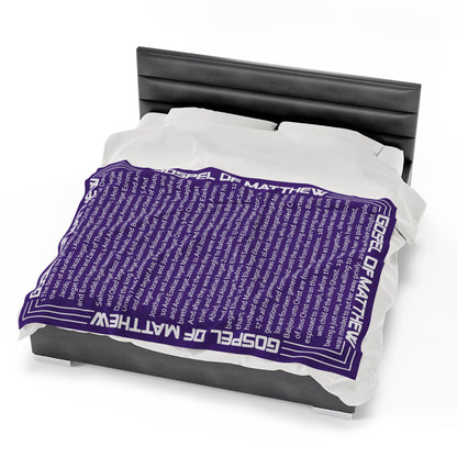Gospel Plush Blanket, in Purple Color, with Gospel of Mathew Print, from "Four Gospels" Collection.