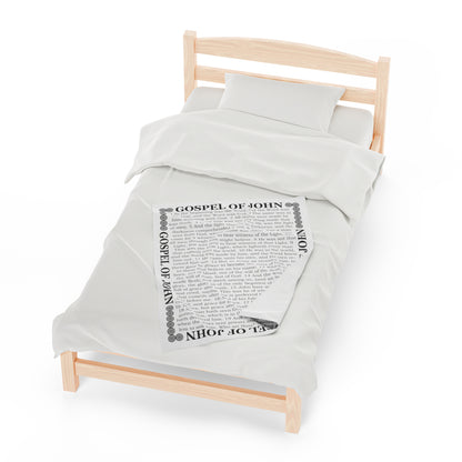 Gospel Plush Blanket, in White Color, with Gospel of John Print, from "Four Gospels" Collection.