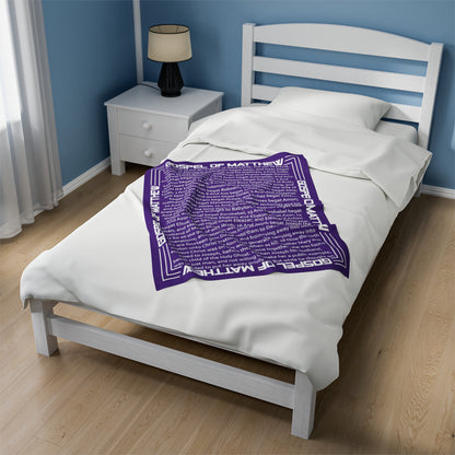 Gospel Plush Blanket, in Purple Color, with Gospel of Mathew Print, from "Four Gospels" Collection.