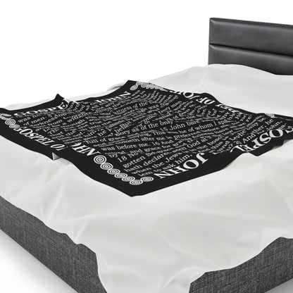 Gospel Plush Blanket, in Black Color, with Gospel of John Print, from "Four Gospels" Collection.