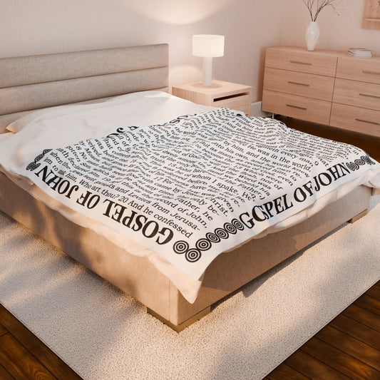 Gospel of John Pure White Velveteen Plush Blanket with Scriptures Print