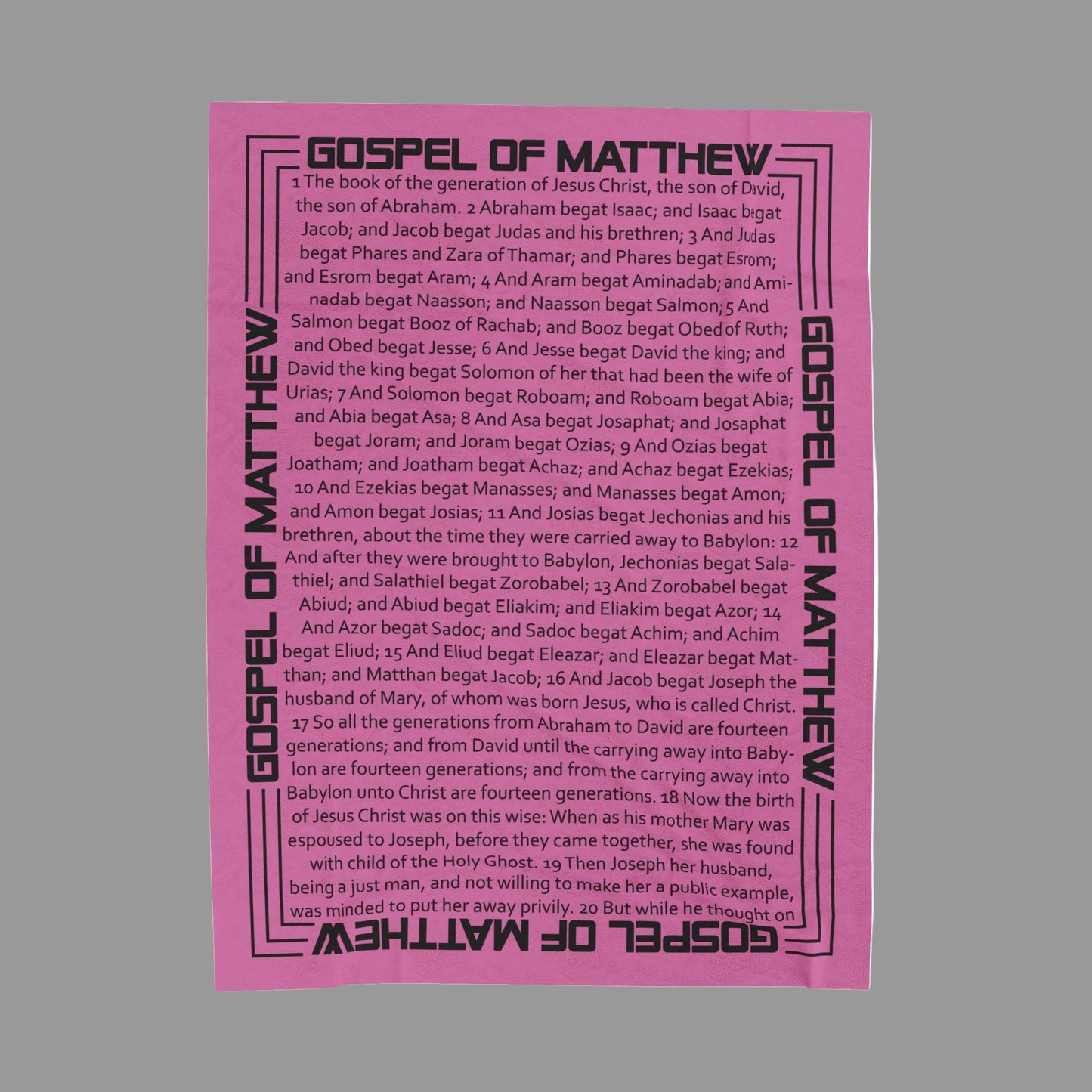 Gospel of Matthew Sky Magenta Velveteen Plush Blanket with Scriptures Print