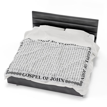 Gospel Plush Blanket, in White Color, with Gospel of John Print, from "Four Gospels" Collection.