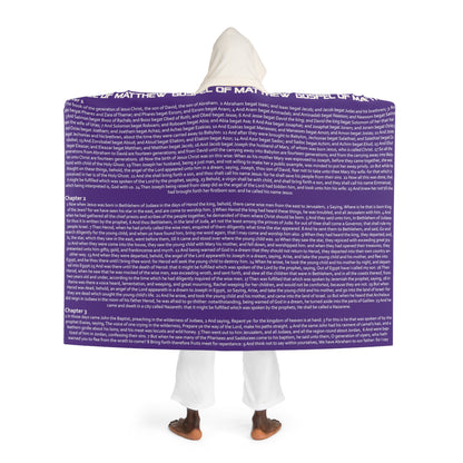Biblical Hooded Sherpa Fleece Blanket, in Purple Color, with Gospel of Mathew Print, from "Four Gospels" Collection.