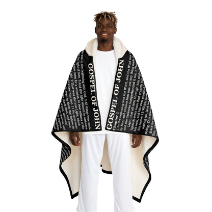 Biblical Hooded Sherpa Fleece Blanket, in Black Color, with Gospel of John Print, from "Four Gospels" Collection.