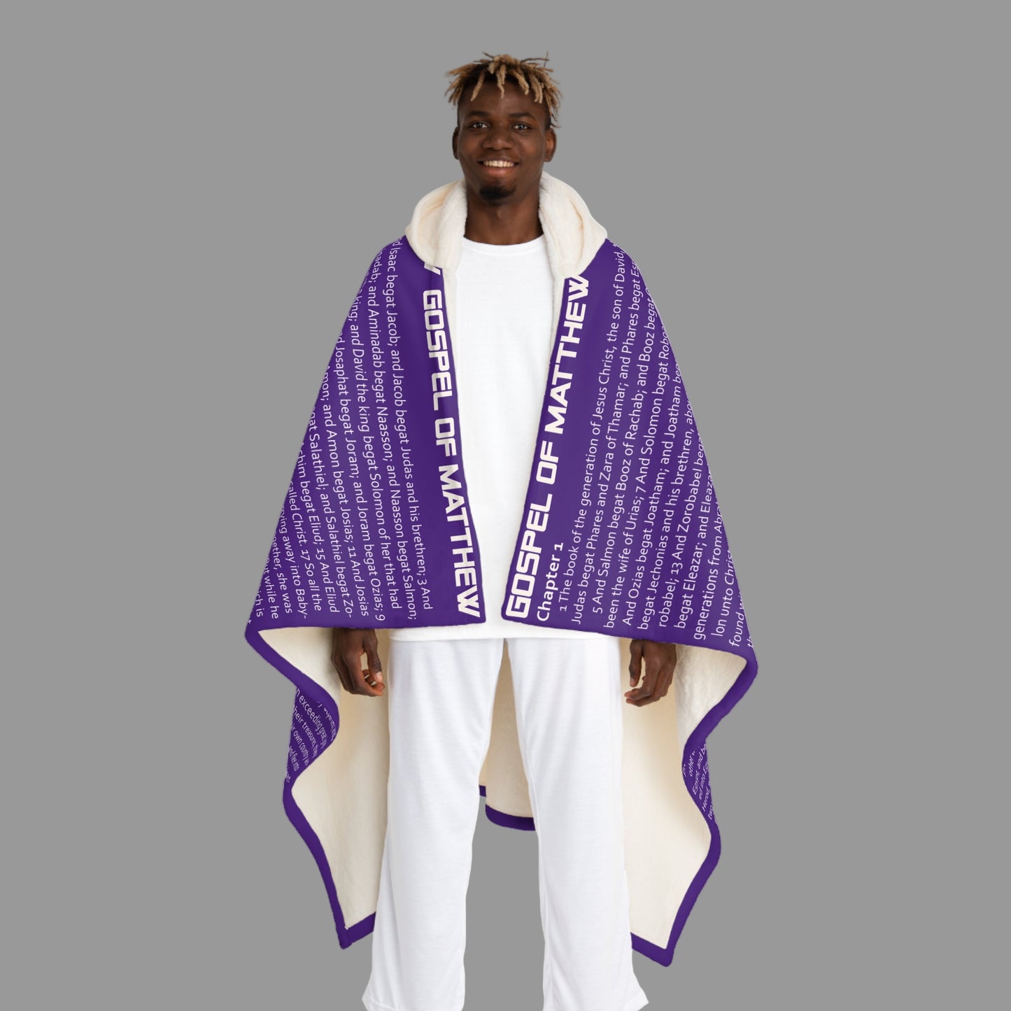 Gospel of Matthew Hooded Sherpa Blanket – Purple