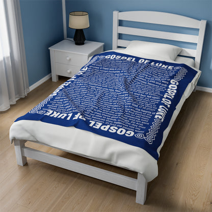 Gospel Plush Blanket, in Blue Color, with Gospel of Luke Print, from "Four Gospels" Collection.