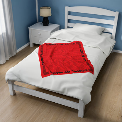Gospel Plush Blanket, in Red Color, with Gospel of Mark Print, from "Four Gospels" Collection.