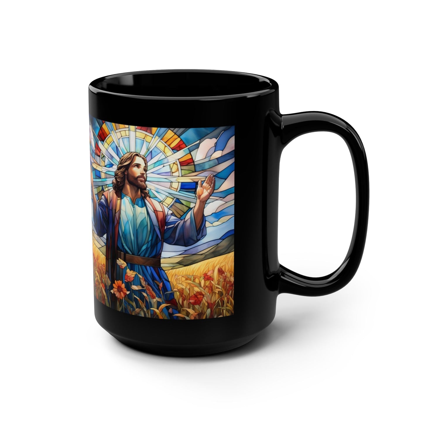 JESUS COFFEE MUG - John 6:35, Jesus Said I AM Stained-Glass Collection, 15 oz, black