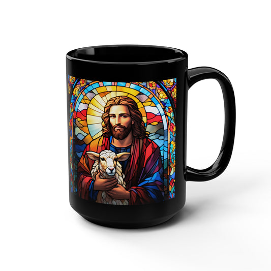JESUS COFFEE MUG - John 10:14, Jesus Said I AM Stained-Glass Collection, 15 oz, black