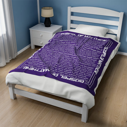Gospel Plush Blanket, in Purple Color, with Gospel of Mathew Print, from "Four Gospels" Collection.