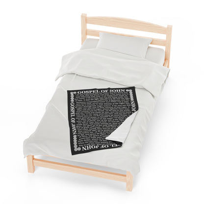 Gospel Plush Blanket, in Black Color, with Gospel of John Print, from "Four Gospels" Collection.