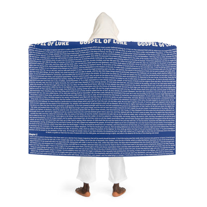 Biblical Hooded Sherpa Blanket, in Blue Color, with Gospel of Luke Print, "Four Gospels" Collection.