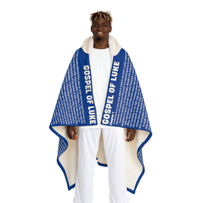 Biblical Hooded Sherpa Blanket, in Blue Color, with Gospel of Luke Print, "Four Gospels" Collection.