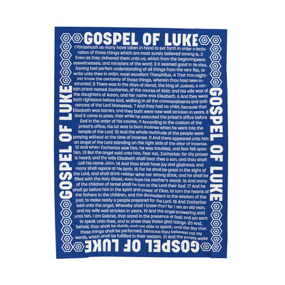 Gospel Plush Blanket, in Blue Color, with Gospel of Luke Print, from "Four Gospels" Collection.
