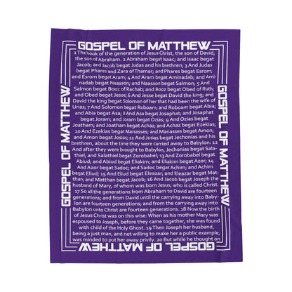 Gospel Plush Blanket, in Purple Color, with Gospel of Mathew Print, from "Four Gospels" Collection.