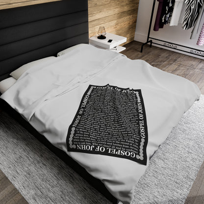 Gospel Plush Blanket, in Black Color, with Gospel of John Print, from "Four Gospels" Collection.