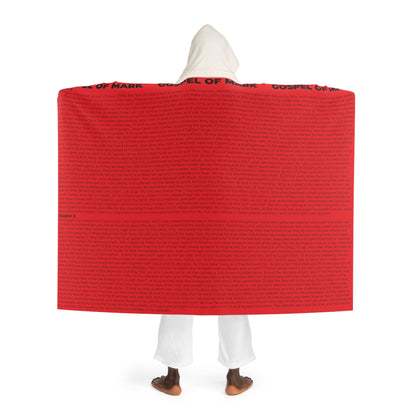 Biblical Hooded Sherpa Blanket, in Red Color, with Gospel of Mark Print, from "Four Gospels" Collection.