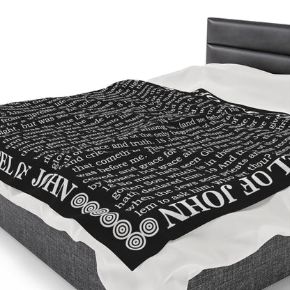 Gospel Plush Blanket, in Black Color, with Gospel of John Print, from "Four Gospels" Collection.