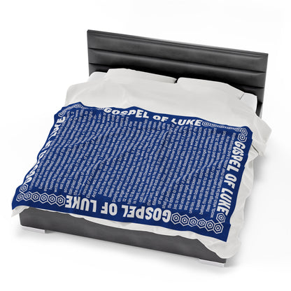 Gospel Plush Blanket, in Blue Color, with Gospel of Luke Print, from "Four Gospels" Collection.