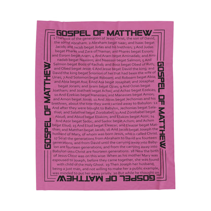 Gospel Plush Blanket, in Pink Color, with Gospel of Matthew Print, from "Four Gospel" Collection.