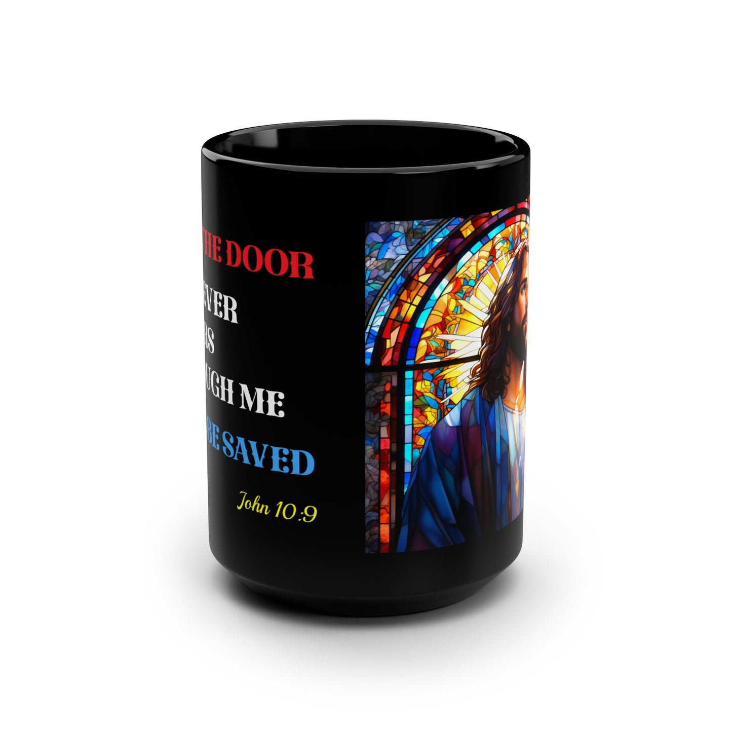 JESUS COFFEE MUG - John 10:9, Jesus Said I AM Stained-Glass Collection, 15 oz, black