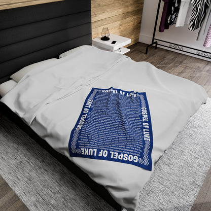 Gospel Plush Blanket, in Blue Color, with Gospel of Luke Print, from "Four Gospels" Collection.