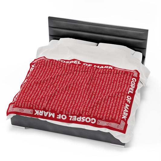 Gospel Plush Blanket, in Dark Red Color, with Gospel of Mark Print, from "Four Gospels" Collection.