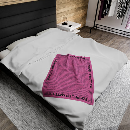 Gospel Plush Blanket, in Pink Color, with Gospel of Matthew Print, from "Four Gospel" Collection.