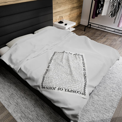 Gospel Plush Blanket, in White Color, with Gospel of John Print, from "Four Gospels" Collection.