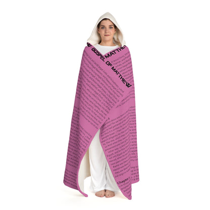 Biblical Hooded Sherpa Fleece Blanket, in Pink Color, with Gospel of Matthew Print, from "Four Gospel" Collection.
