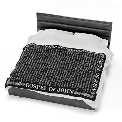 Gospel Plush Blanket, in Black Color, with Gospel of John Print, from "Four Gospels" Collection.