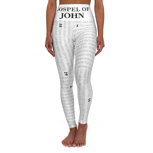 Luxury High Waisted Leggings for Prayer and Meditation, Running, or Exercise, in White Color, with Gospel of John Print, from "Four Gospels" Collection.