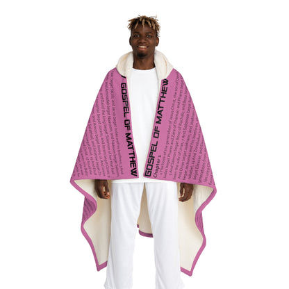 Biblical Hooded Sherpa Fleece Blanket, in Pink Color, with Gospel of Matthew Print, from "Four Gospel" Collection.