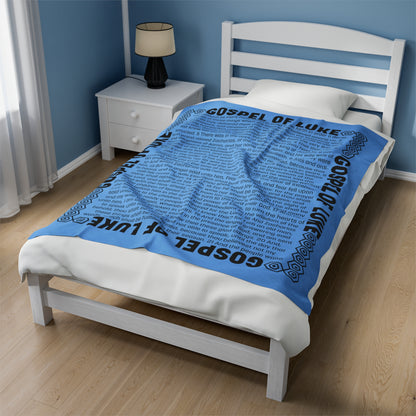 Gospel Plush Blanket, in Sky Blue Color, with Gospel of Luke Print, from "Four Gospels" Collection.