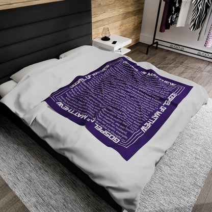 Gospel Plush Blanket, in Purple Color, with Gospel of Mathew Print, from "Four Gospels" Collection.