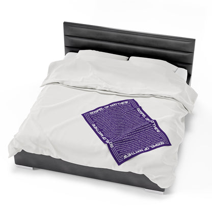 Gospel Plush Blanket, in Purple Color, with Gospel of Mathew Print, from "Four Gospels" Collection.