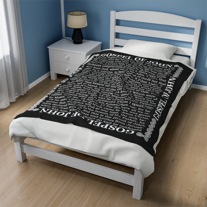 Gospel Plush Blanket, in Black Color, with Gospel of John Print, from "Four Gospels" Collection.