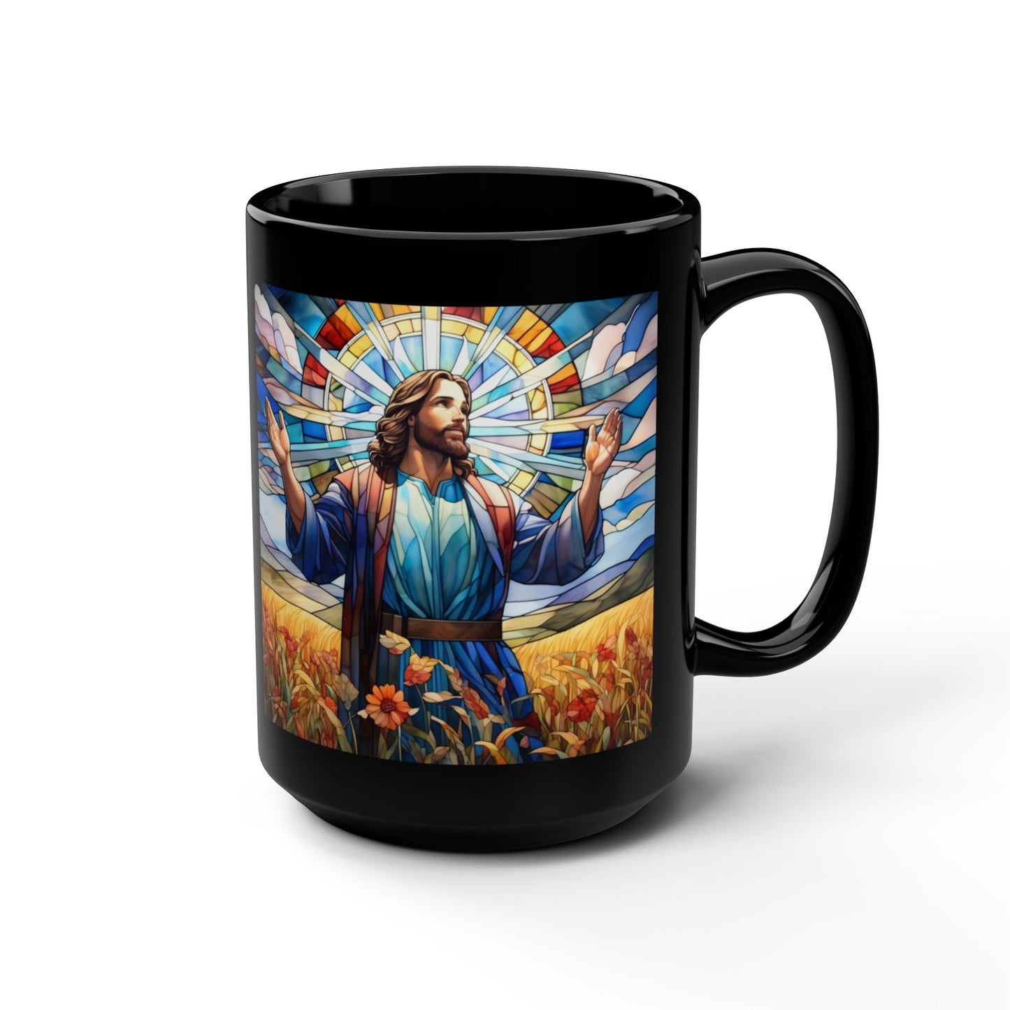 JESUS COFFEE MUG - John 6:35, Jesus Said I AM Stained-Glass Collection, 15 oz, black