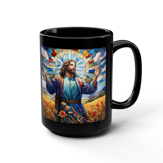 JESUS COFFEE MUG - John 6:35, Jesus Said I AM Stained-Glass Collection, 15 oz, black