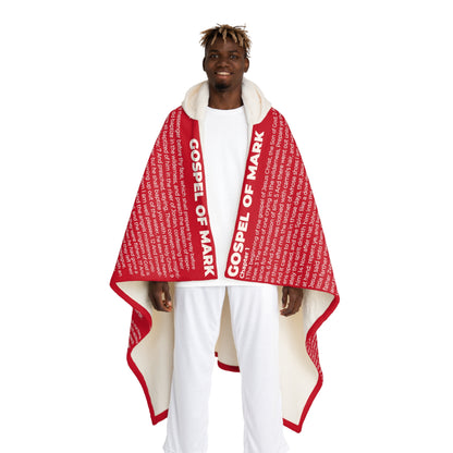 Biblical Hooded Sherpa Blanket, in Dark Red Color, with Gospel of Mark Print, from "Four Gospels" Collection.