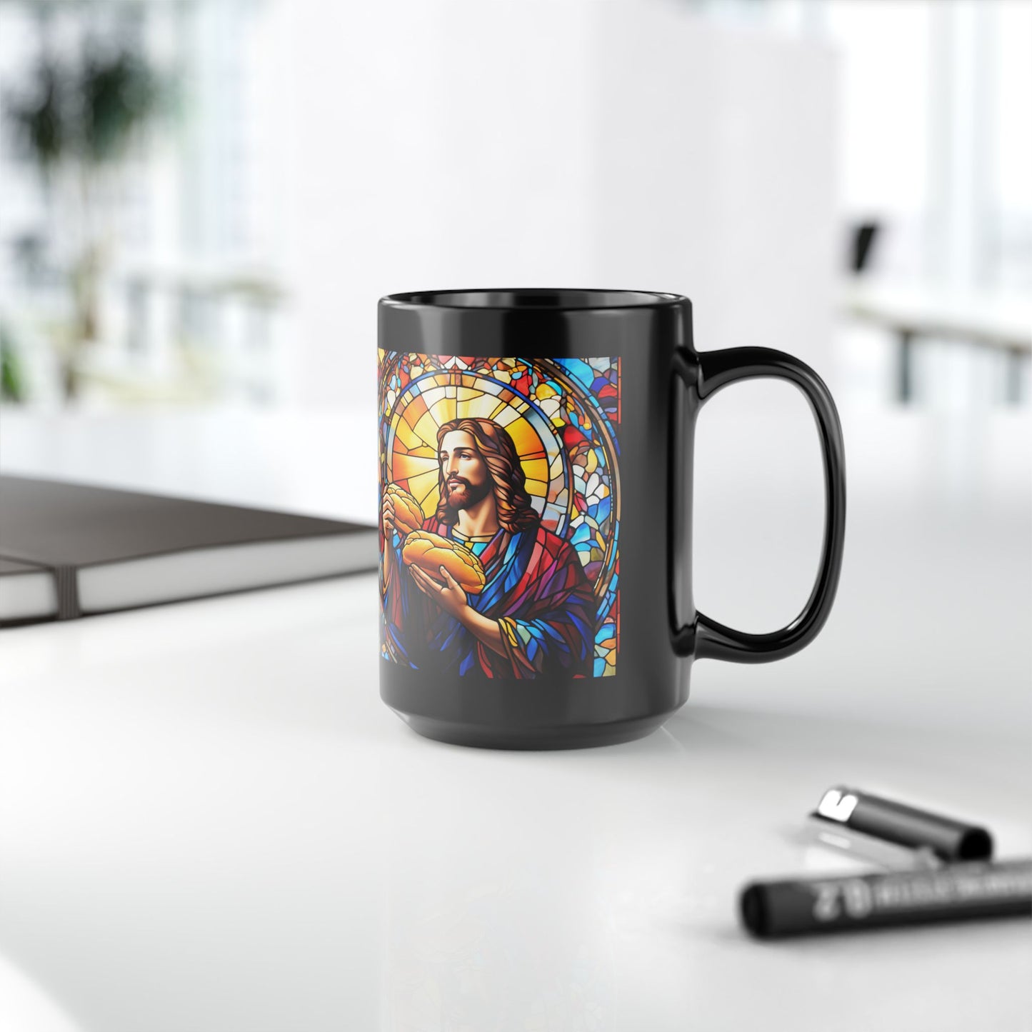 JESUS COFFEE MUG - John 6:35, Jesus Said I AM Stained-Glass Collection, 15 oz, black