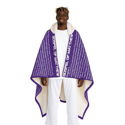 Biblical Hooded Sherpa Fleece Blanket, in Purple Color, with Gospel of Mathew Print, from "Four Gospels" Collection.