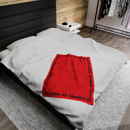Gospel Plush Blanket, in Red Color, with Gospel of Mark Print, from "Four Gospels" Collection.