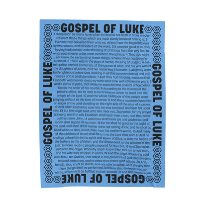 Gospel Plush Blanket, in Sky Blue Color, with Gospel of Luke Print, from "Four Gospels" Collection.